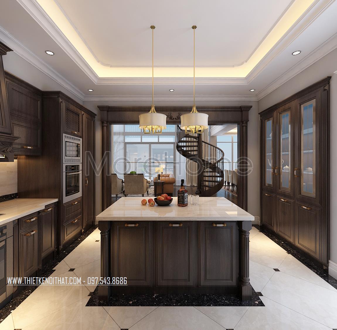 Thiết kế nội thất gỗ óc chó tủ bếp đảo căn hộ Duplex Mandarin Garden